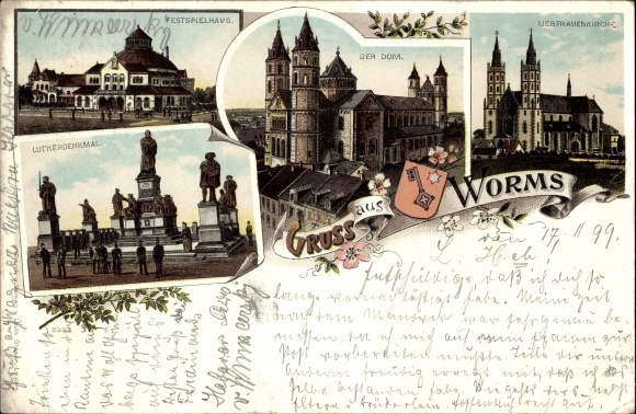 Chromo-Litho Worms am Rhein, Cathedral, Panorama, Grand Duke Monument, Luther Monument