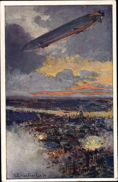 Artist PC by Eckenbrecher, Themistocles, Zeppelin over Antwerp, battle, WWI