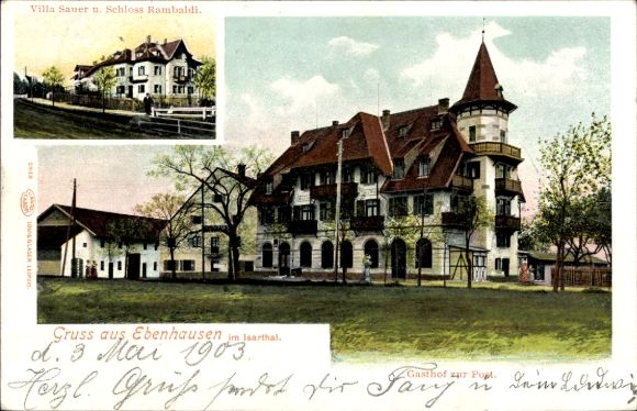 Ak Ebenhausen Schäftlarn, Gasthof zur Post, Villa Sauer, kasteel Rambaldi