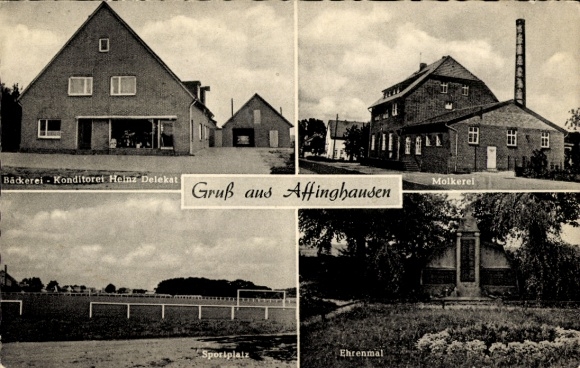 Postcard Affinghausen in Lower Saxony, Delekat bakery, dairy, memorial, sports field