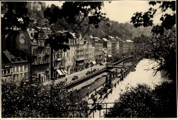 Foto Karlovy Vary Karlsbad Stadt, Blick auf Uferpromenade, Fotograf Hubl, Rüger Reklame, Foto Hubl