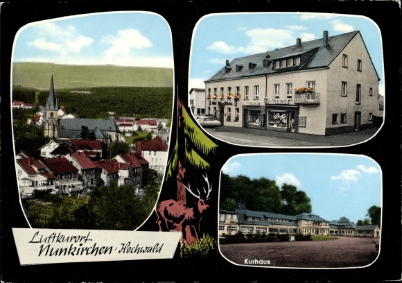 Postcard Nunkirchen Hochwald Wadern Saarland, Kurhaus, grocery store, church