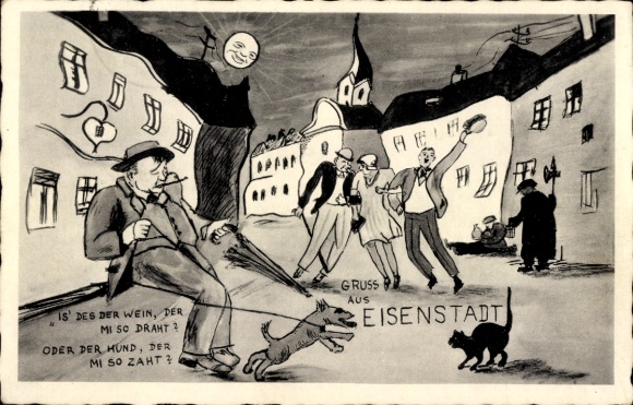 Ak Eisenstadt im Burgenland, Mann mit Hund, der einen Hut trägt. Im Hintergrund ist eine Stadt...