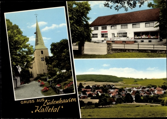 Ak Lüdenhausen Kalletal in Lippe, Gesamtansicht, Kirche, Geschäft