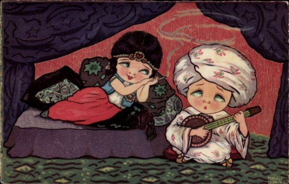 Kunstenaarskaart Boriss, Margret, Maghreb-kostuum, mandoline, sigaret