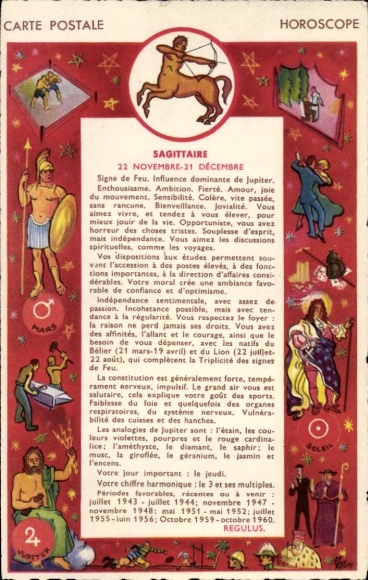 Postcard Zodiac sign Sagittarius, Sagittaire, Centaur with bow