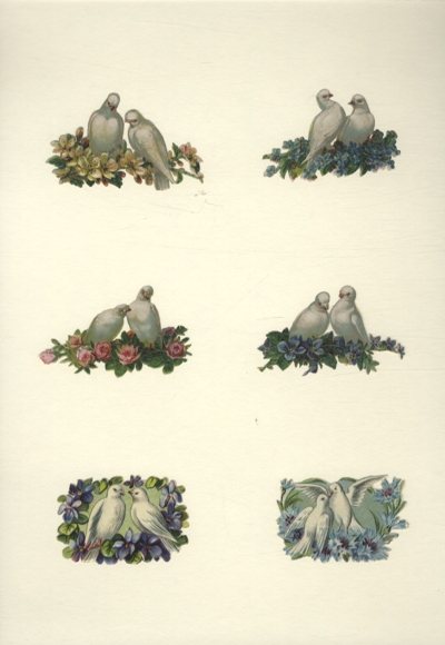 6 wafers white dove pairs on flowers, each approx. 4 x 6.5 cm