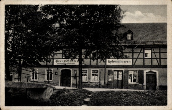 Ansichtkaart Niedermülsen Mülsen in Saksen, grensherberg, koloniale goederen, reclame, 1945
