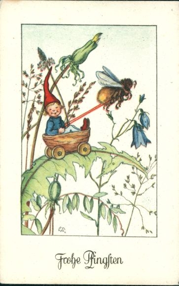 Artist PC Scherbauer, Luise, congratulations Pentecost, bumblebee pulls carriage with dwarf