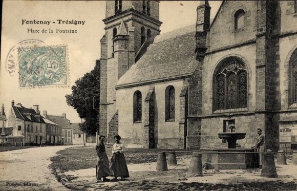 Ansichtkaart Fontenay Trésigny Seine et Marne, Plave de la Fontaine, kerk