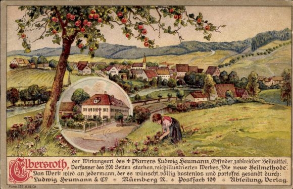 Chromo-Litho Elbersroth Herrieden in Middle Franconia, view of the town, girl picking flowers