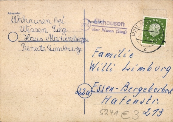 Country postmark (22b) Elkhausen Katzwinkel at the Victory over Knowledge on PC, September 15, 1959