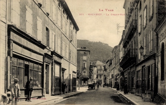Postcard Mazamet Tarn, street with houses, shops, people, horse, text: LE TARN, 201 MAZAMET, LA
