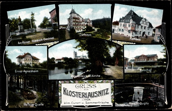 Ak Bad Klosterlausnitz Thüringen, Kurhaus, Bahnhof, Kirche, Ernst Agnesheim, Rathaus, Kaiserquelle