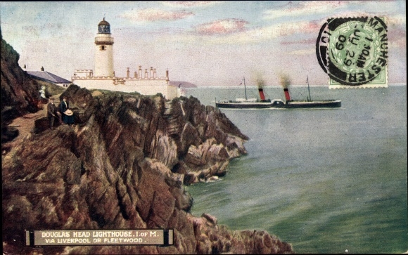 Postcard Isle of Man, Douglas Head Lighthouse, via Liverpool or Fleetwood