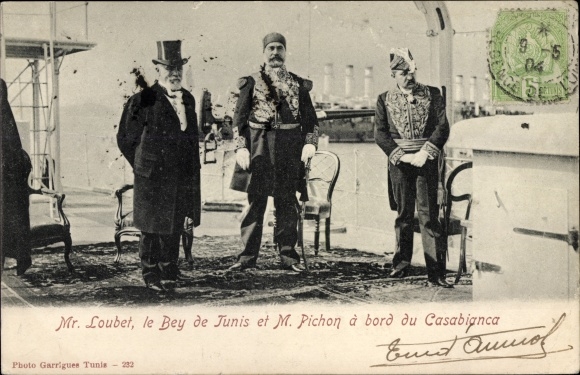 Postcard President Loubet, the Bey of Tunis and M. Pichon on board the Casabianca, portrait