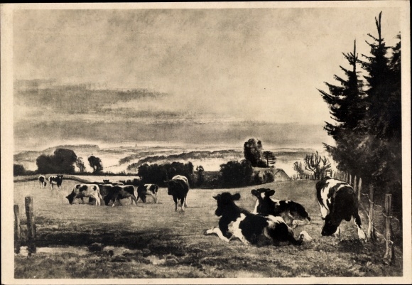 Artist PC Weisgerber, Carl, evening in the Bergisches Land, cows, HDK 549, cows on the pasture