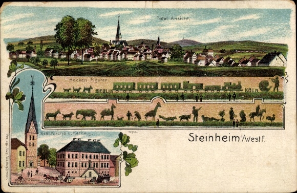 Chromo-Litho Steinheim in Westphalia, general view, Catholic church, town hall, hedge figures