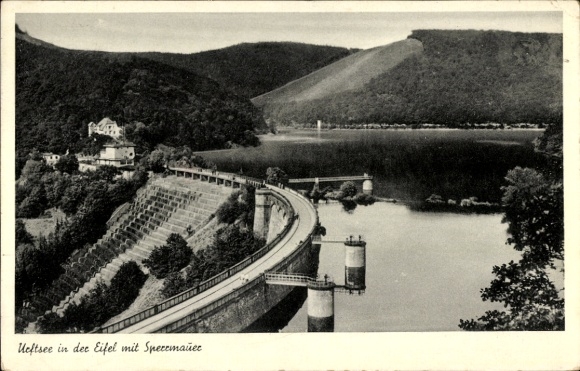 Postcard Urft Kall in the Eifel, Urftsee, barrier wall