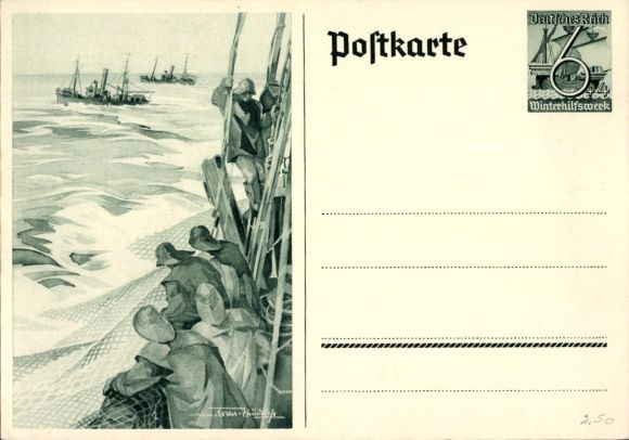 Postwaardestuk Ansichtkaart Axster Heudtlaß, vissers op volle zee, vissersboten