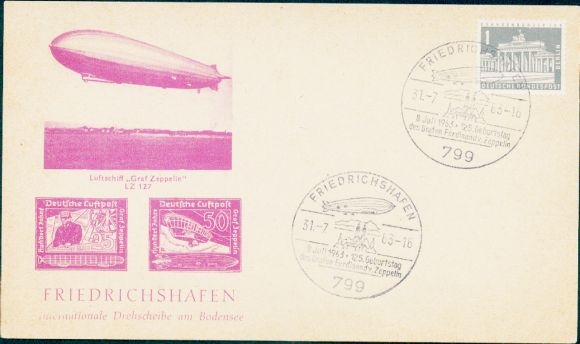 Stamp 125th birthday of Graf Zeppelin 1963, Friedrichshafen on Lake Constance, airship LZ 127