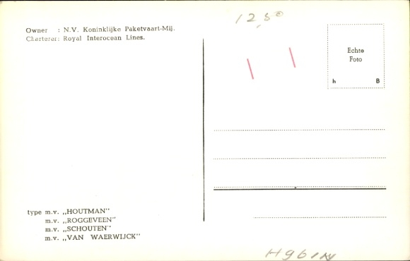 Postcard MV Houtman, Roggeveen, Schouten, Van Waerwijck, KPM, Royal Interocean Lines