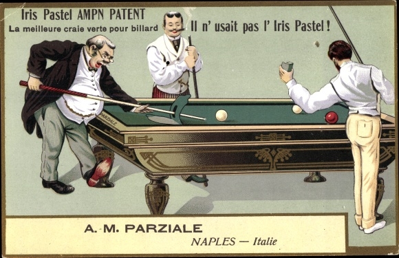 Chromo-Litho Iris Pastel green billiard chalk, AM Parziale, Naples, men playing billiards