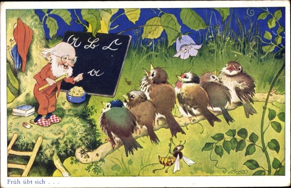 Artist PC Baumgraten, Fritz, early practice, dwarf as a teacher, birds as students, wasp