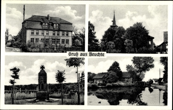 Postcard Beuchte Schladen Werla in Lower Saxony, war memorial, church, lake