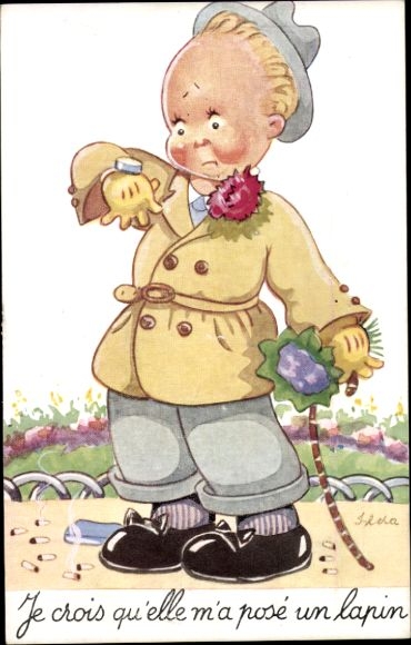 Artist Postcard boy checks the time, delay, flowers