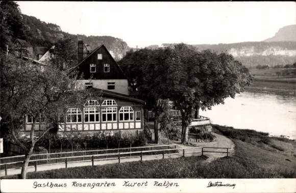 Foto Ak Kurort Rathen im Elbsandsteingebirge, Gasthaus Rosengarten