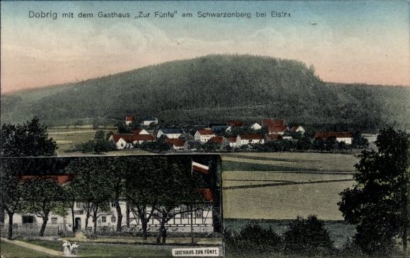 Ak Dobrig Elstra in der Oberlausitz Sachsen, Gasthaus zur Fünfe, Panorama mit Schwarzenberg