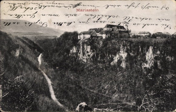 Postcard Mariastein Canton Solothurn, landscape with cliffs, buildings in the background, river in the foreground...