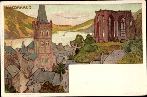 Kunstenaar litho Franz Hein, Bacharach am Rhein, uitzicht over de stad, ruïnes