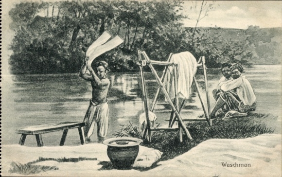 Postcard Indonesia, people at the river washing clothes