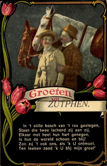 Gedicht Passepartout Ak Zutphen Gelderland, Grüße aus, Liebespaar mit Pferden
