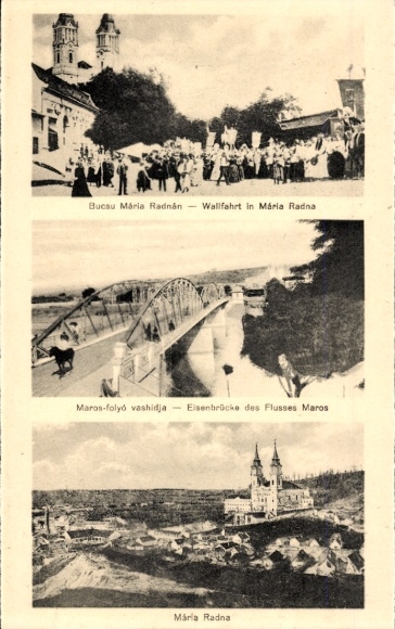 Postcard Mariaradna Maria Radna Romania, pilgrimage, iron bridge, church
