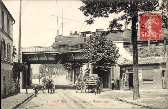 Postcard Vanves Hauts de Seine, Montrouge Bridge, steam locomotive