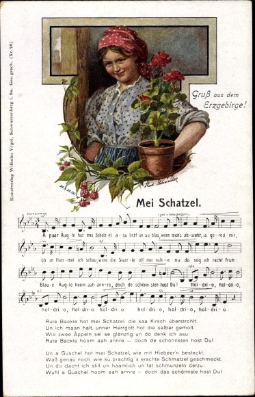 Song Postcard Vogel, Wilhelm, Mei Schatzel, flower pot, greetings from the Ore Mountains, costume