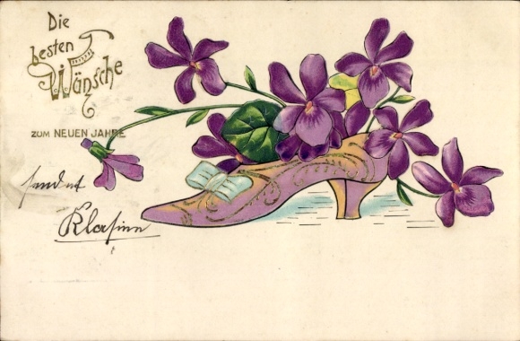 Embossed Postcard New Year, ladies' shoe with violets