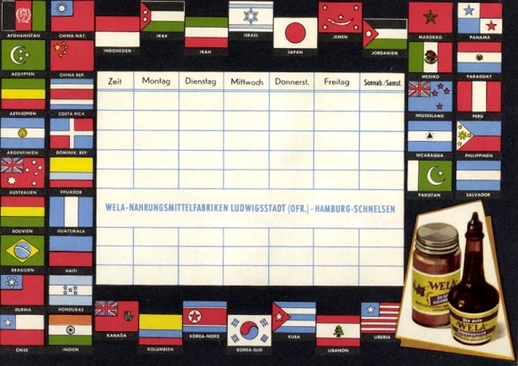 Tijdschema reclame Wela soepkruiden, vleesbouillon, vlaggen, kaart, Ludwigsburg, Hamburg