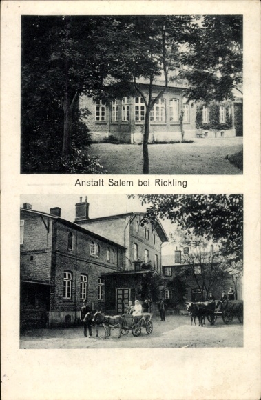 Ak Rickling in Holstein, Salem Institution, door paarden getrokken wagen