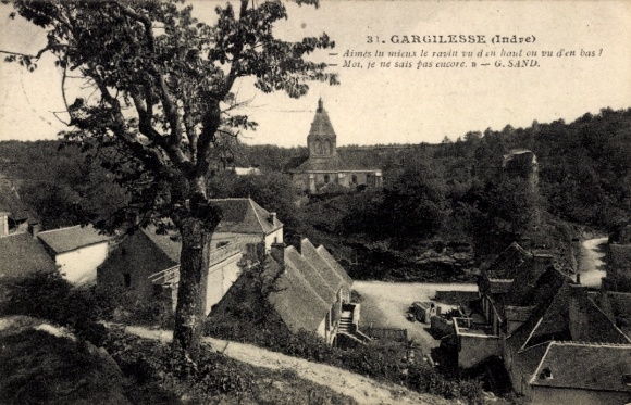 Postcard Gargilesse Indre, view of church in the background, by G. Sand.