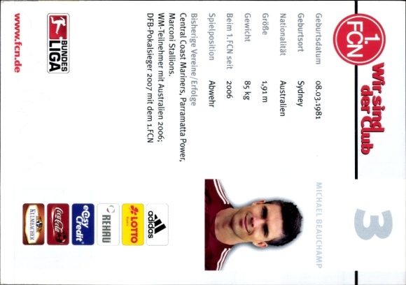 Autograph card footballer Michael Beauchamp, 1. FC Nuremberg, autograph