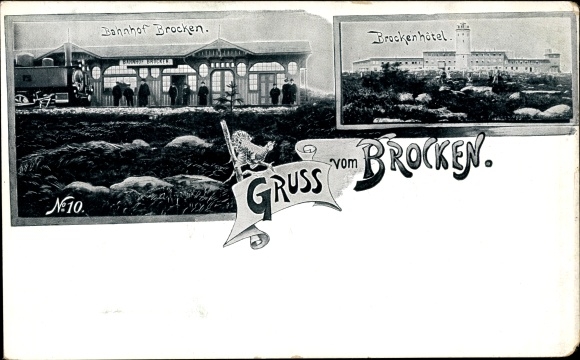 Postcard Brocken National Park Harz, Brockenhotel, train station