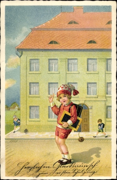 PC Congratulations on school enrollment, child with satchel and blackboard
