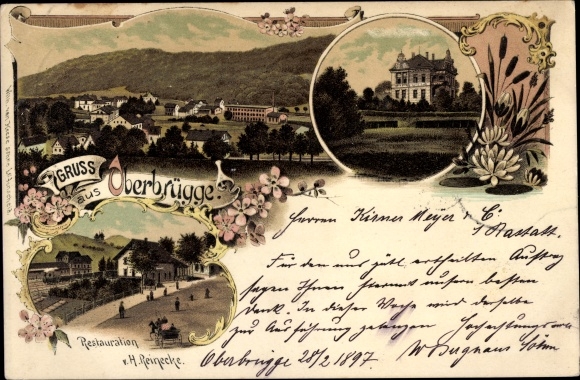 litho Oberbrügge Halver in de Märkisches Kreis, restauratie H. Reinecke, villa, panorama