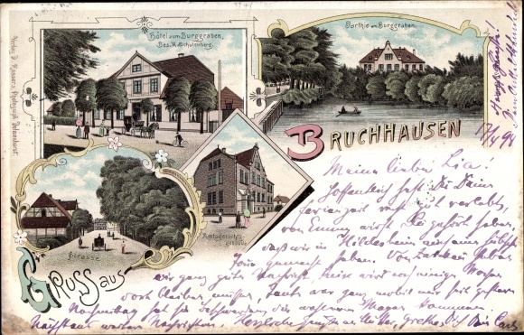 Chromo-Litho Bruchhausen Vilsen Lower Saxony, Hotel zum Burggraben, district court building, street