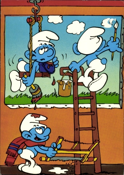 Postcard The Smurfs, painting, ladder, saw