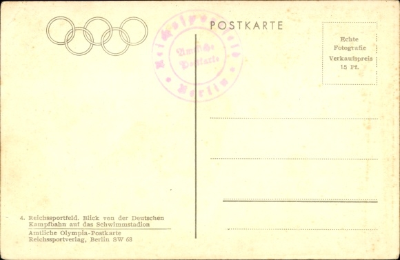 Postcard Berlin Charlottenburg Westend, Reichssportfeld, view from the German combat arena to the swimming stadium